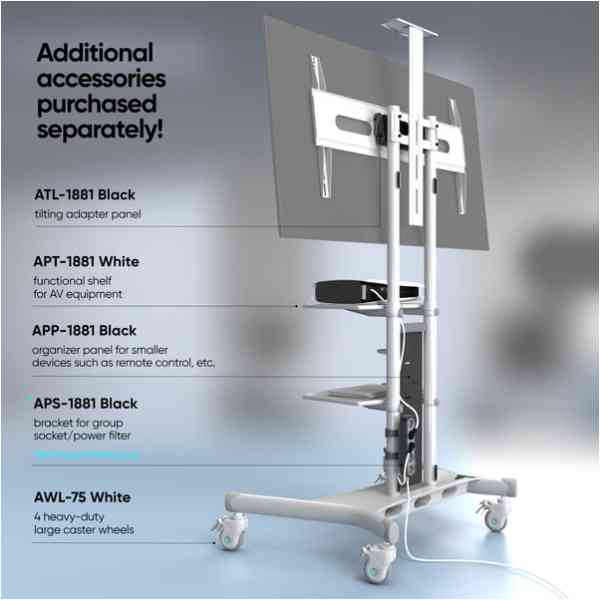 Mobile TV Stand Rolling TV Cart for 50'' - “ 83'' screens up to 200 lbs ONKRON TS1881, White  - Image 6