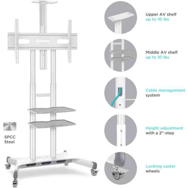 Mobile TV Stand Rolling TV Cart for 50'' - “ 83'' screens up to 200 lbs ONKRON TS1881, White  - Image 5