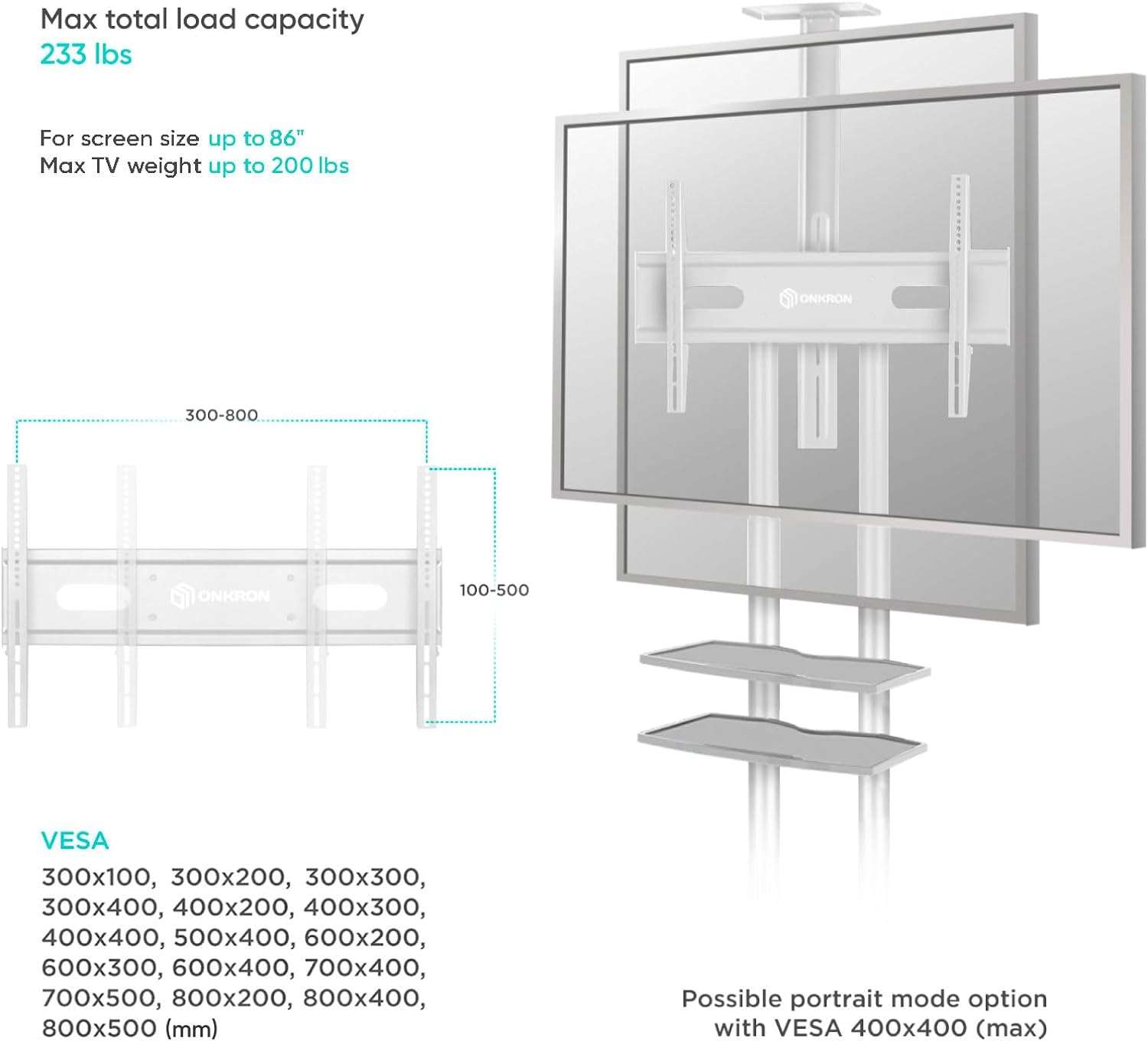 Mobile TV Stand Rolling TV Cart for 50''– 86'' screens up to 200 lbs ONKRON TS1881, White | +254100720022 Mobile TV Stand Rolling TV Cart for 50''– 86'' screens up to 200 lbs ONKRON TS1881, White | +254100720022