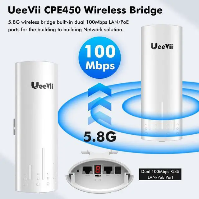 Wireless Bridge Point to Point Outdoor: UeeVii CPE450 5.8G 3Km Long Range Wi-Fi Bridge for Extend Network to Barn and Surveillance Range - Work with Starlink, 14dBi MIMO Antenna,48V POE Powered, 2pcs | +254100720022 Wireless Bridge Point to Point Outdoor: UeeVii CPE450 5.8G 3Km Long Range Wi-Fi Bridge for Extend Network to Barn and Surveillance Range - Work with Starlink, 14dBi MIMO Antenna,48V POE Powered, 2pcs - Image 2