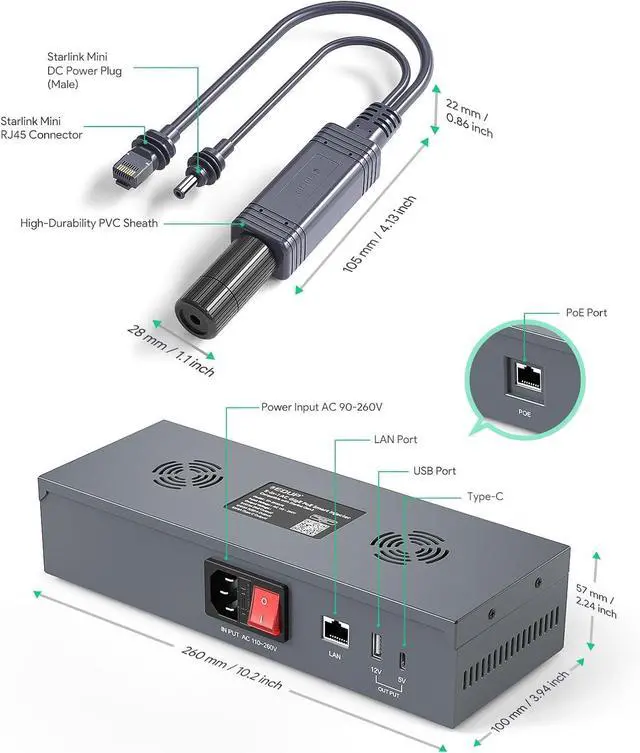 Starlink Mini PoE Splitter Adapter Kit180W GigE Passive & ESD Protection, Stalink Mini DC Power Kit with USB C Power Outputs and DC Step-Up Converter, AC 110-260V to DC 48V/3A for Star link Mini Dish | +254100720022 Starlink Mini PoE Splitter Adapter Kit180W GigE Passive & ESD Protection, Stalink Mini DC Power Kit with USB C Power Outputs and DC Step-Up Converter, AC 110-260V to DC 48V/3A for Star link Mini Dish - Image 3