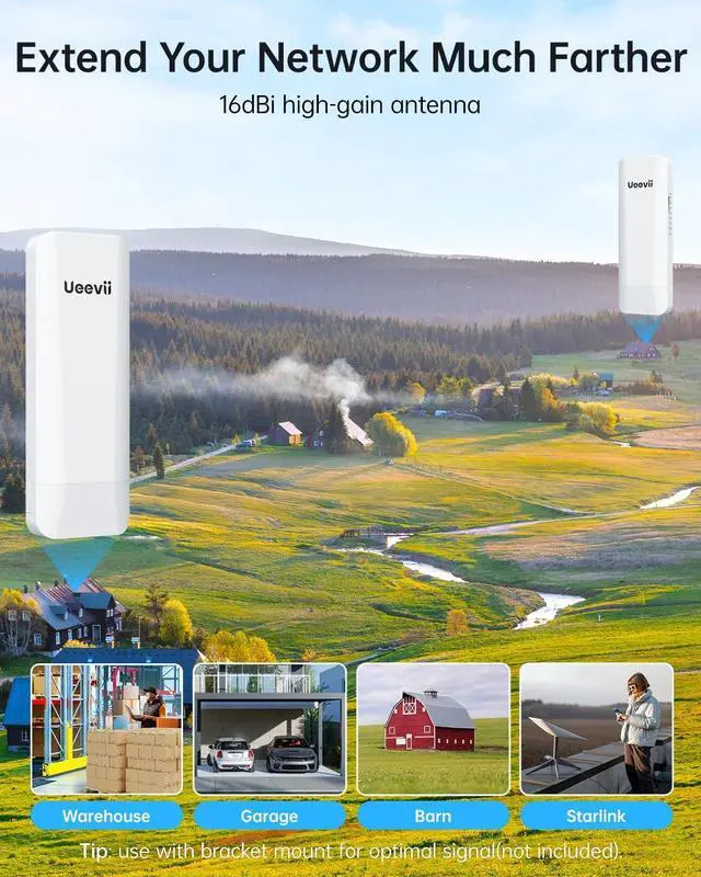 Wireless Bridge Point to Point Outdoor: Ueevii 5.8GHz Dual 100Mbps WiFi Bridge, 2KM Range CPE for Network Extend, PoE Adapter, IP65 Weatherproof, CPE453 for Starlink Garage Barn Shop | +254100720022 Wireless Bridge Point to Point Outdoor: Ueevii 5.8GHz Dual 100Mbps WiFi Bridge, 2KM Range CPE for Network Extend, PoE Adapter, IP65 Weatherproof, CPE453 for Starlink Garage Barn Shop - Image 2