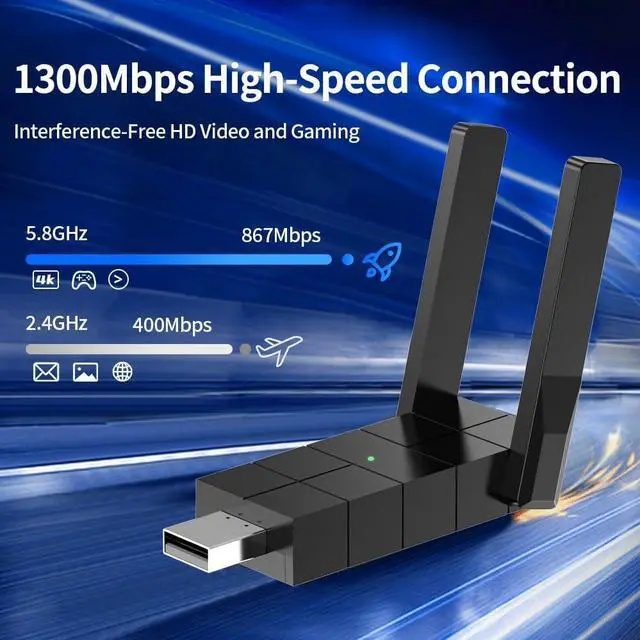 WiFi Adapter for Desktop PC, Wireless Adapter Wide-Coverage Dual Band 2.4GHz 400Mbps and 5GHz 867Mbps, USB 2.0, Dual High Gain Antenna, Supports Windows 10/11, Plug and Play 1300Mbps | +254100720022 WiFi Adapter for Desktop PC, Wireless Adapter Wide-Coverage Dual Band 2.4GHz 400Mbps and 5GHz 867Mbps, USB 2.0, Dual High Gain Antenna, Supports Windows 10/11, Plug and Play 1300Mbps - Image 2